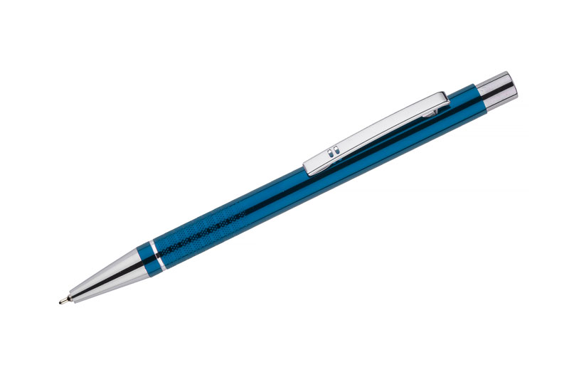 Długopis BONITO metalowy z tuszem półżelowym, metaliczne kolory z chromowanymi wykończeniami, ozdobiony srebrnym ringiem i chropowatymi paskami.
